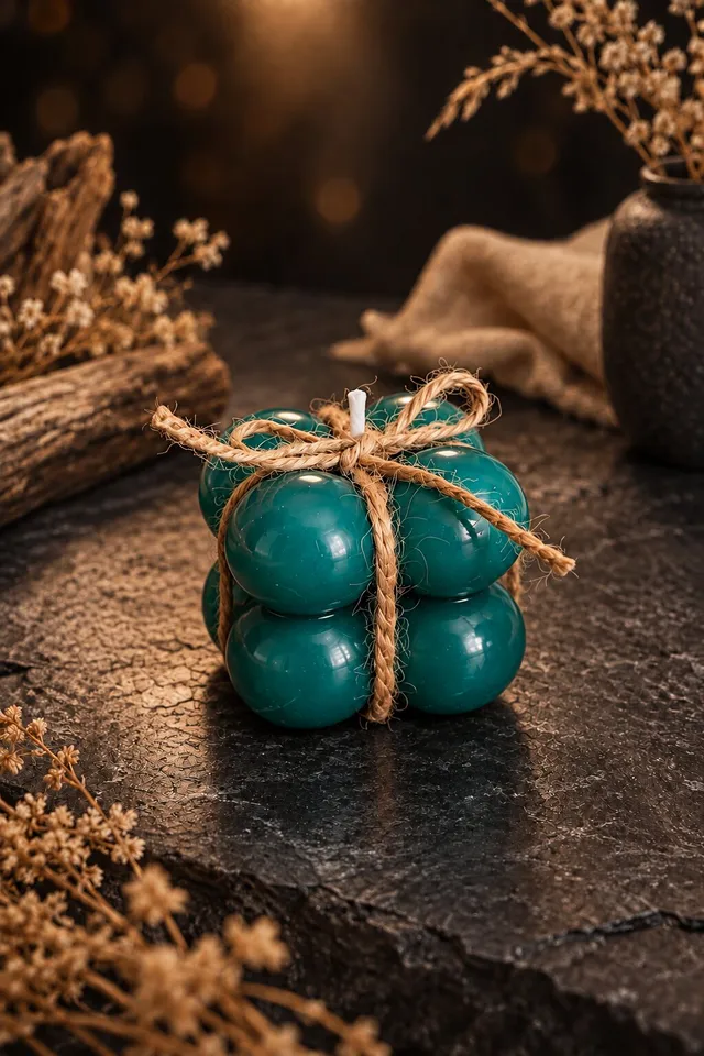 Декоративна bubble свещ „Teal“ с юта панделка