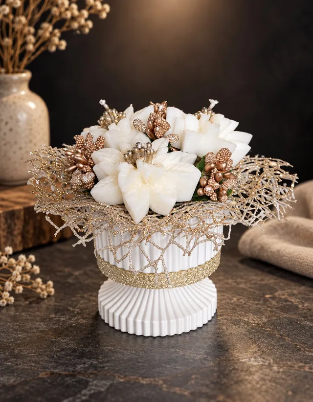 Флорална композиция „Ivory & Gold“ с бели цветя и златни акценти