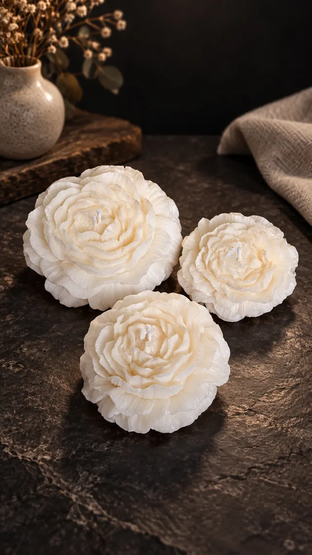 Комплект от 3 свещи „Ivory Peony“ – божури в два размера