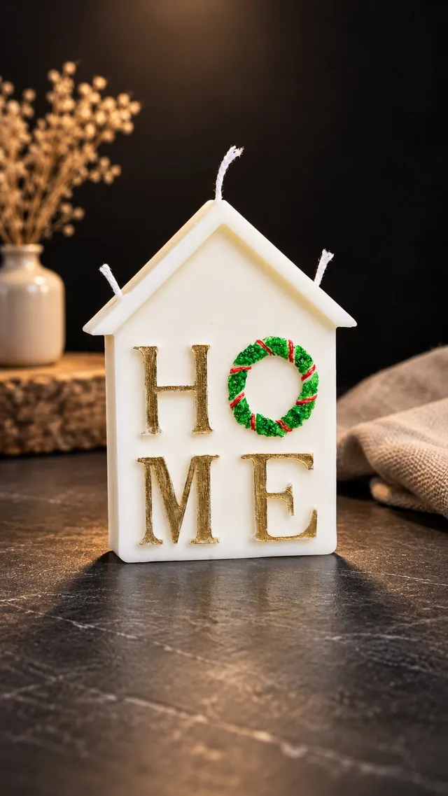 Декоративна свещ „Home“ във формата на къщичка с коледен венец