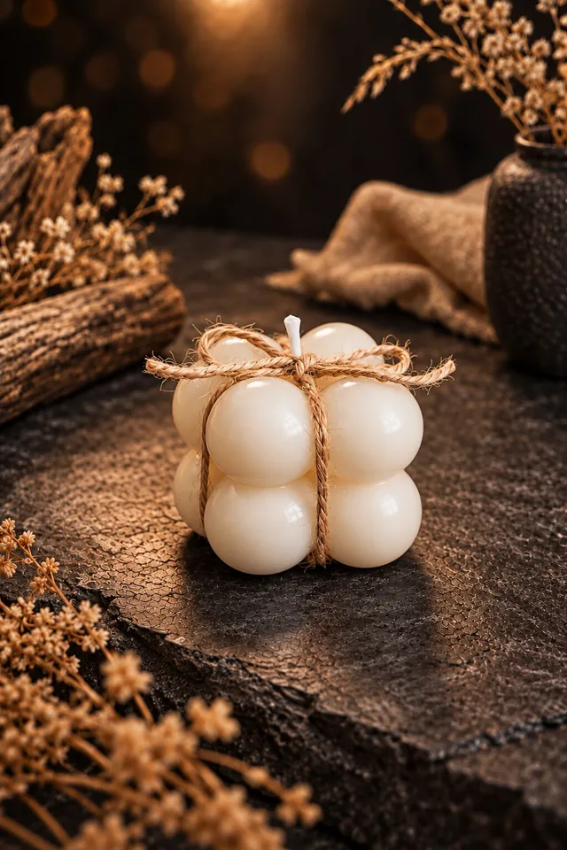 Декоративна bubble свещ „Ivory“ с юта панделка