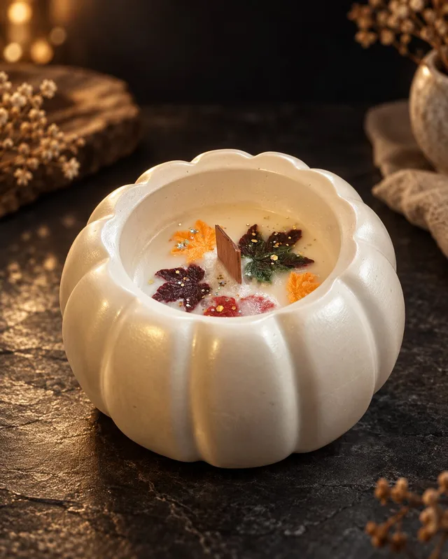 Ароматна свещ „Pearl Pumpkin“ в перлена гипсова тиква със сухи цветя
