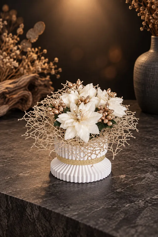 Коледна композиция „Ivory Gold“ с бели коледни звезди
