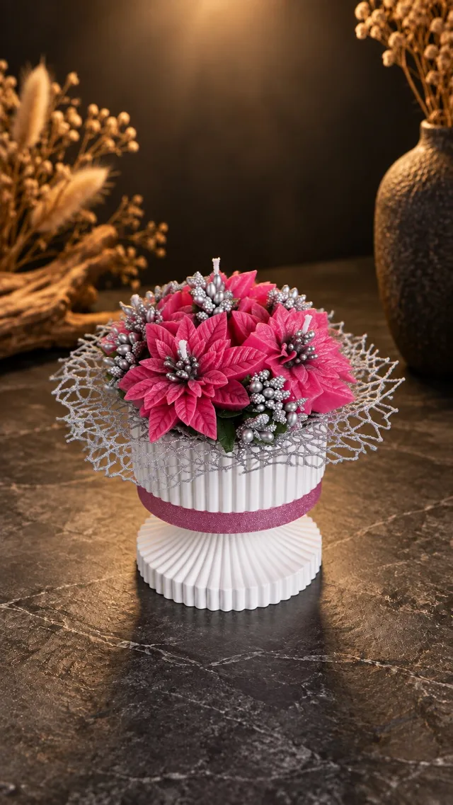 Коледна композиция „Fuchsia Star“ с цикламени коледни звезди